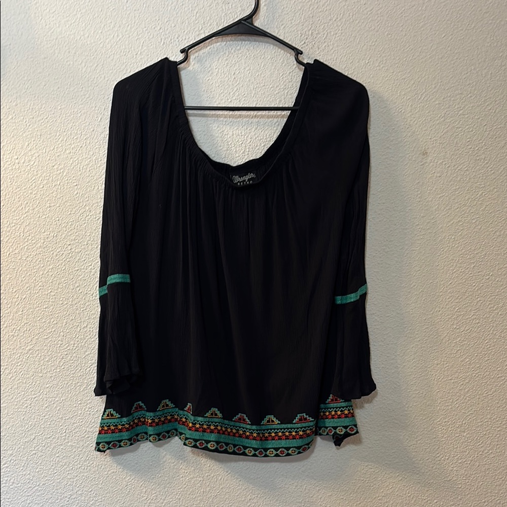 Wrangler Retro Black and Blue Embellished 3/4 Sleeve Blouse